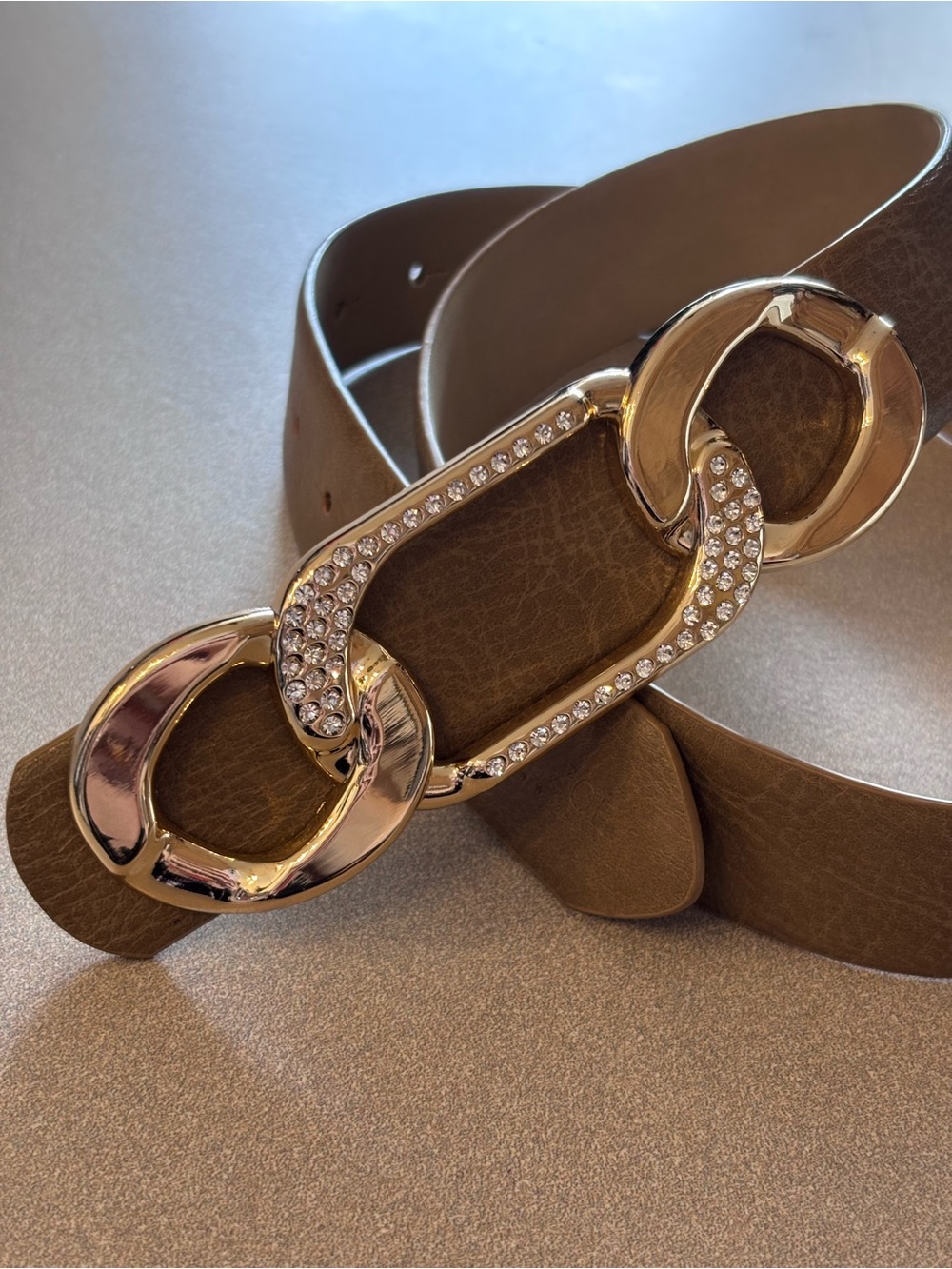 Rachel Zoe Taupe Vegan Leather Belt with Gold Crystal Link Buckle